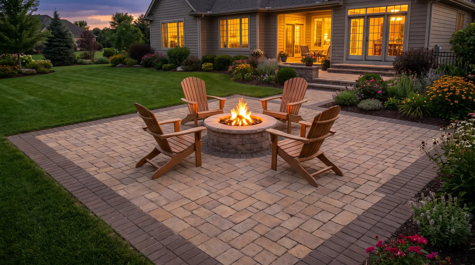 Illustration: a finished herringbone paver patio with outdoor furniture at dusk